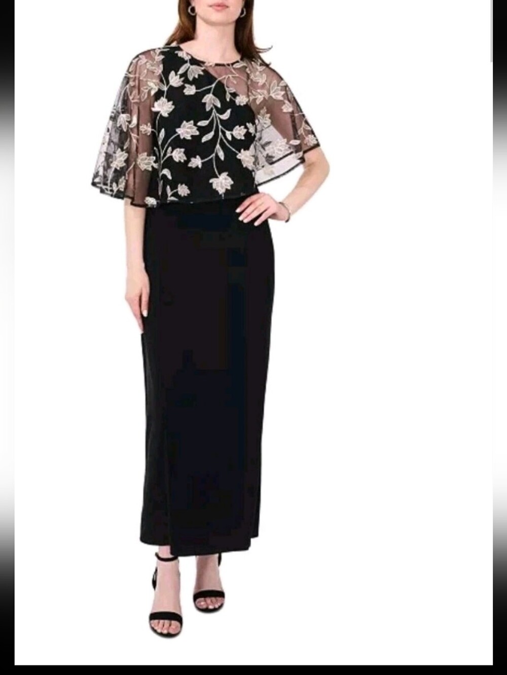 MSK Black Embroidered Floral Cape Overlay Maxi Dress Size S NWT Formal Events